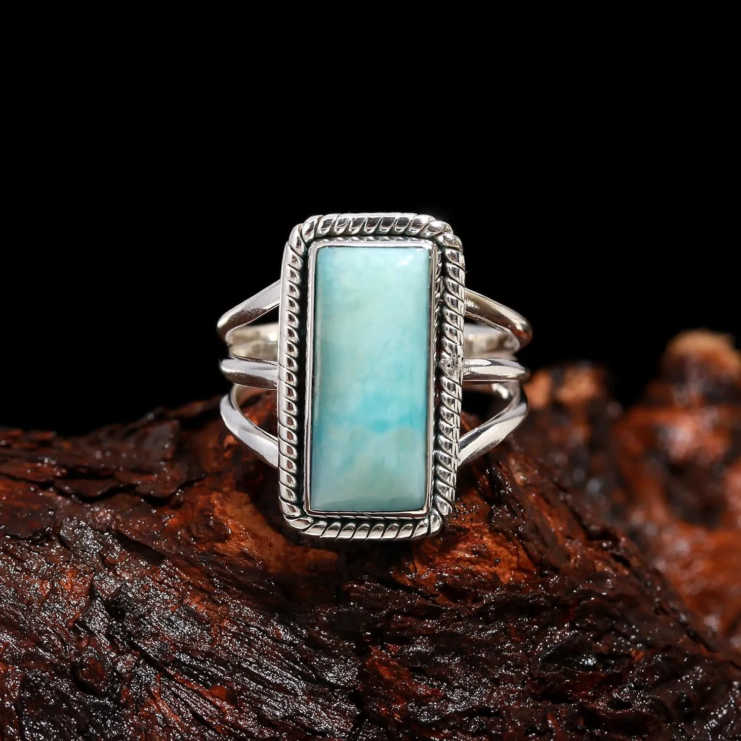 925 Sterling Silver Larimar Ring - Adjustable, Handmade Ring for Women