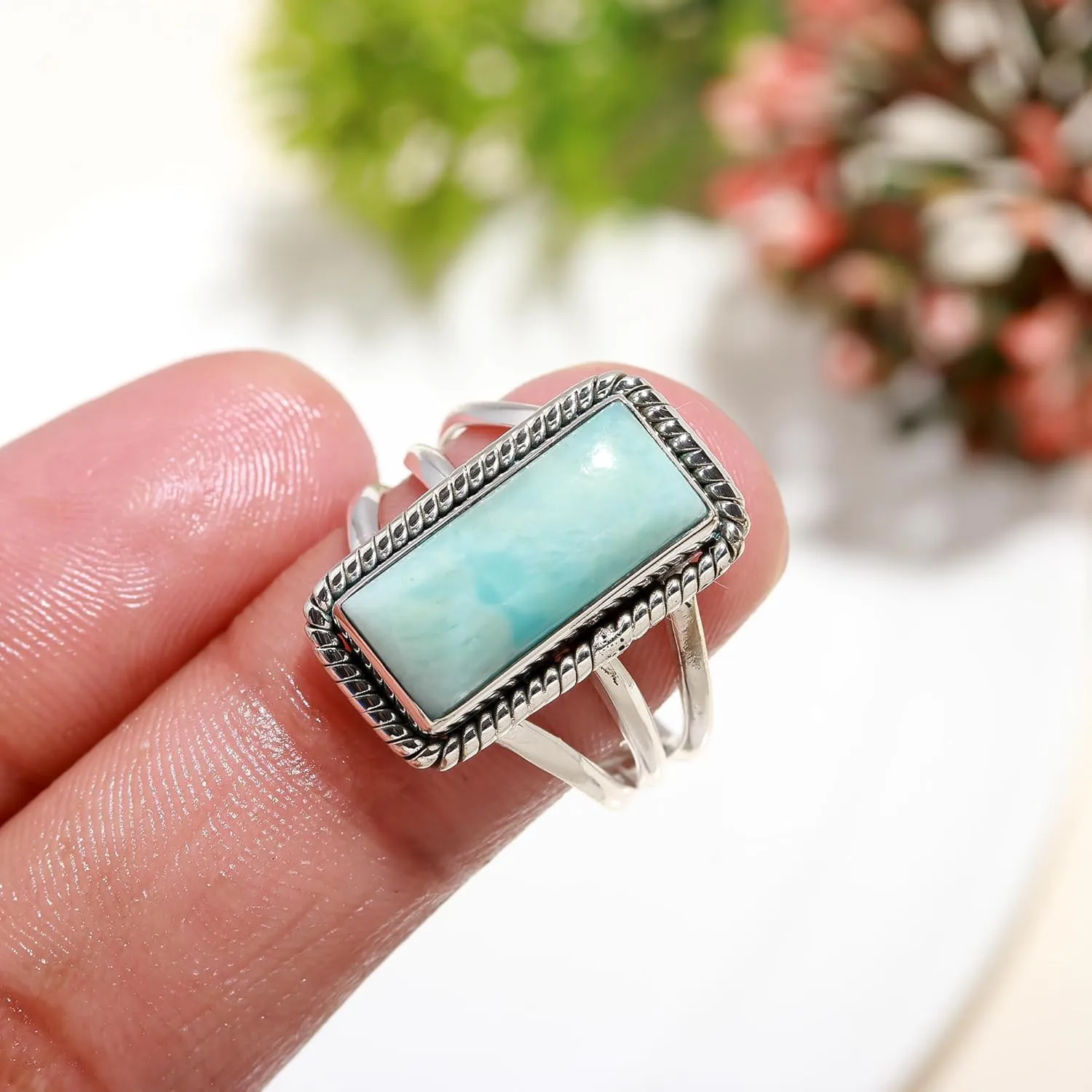 925 Sterling Silver Larimar Ring - Adjustable, Handmade Ring for Women