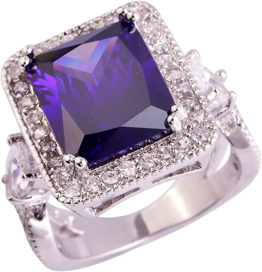 925 Sterling Silver Plated Simulated Amethyst Halo Anniversary Statement Ring