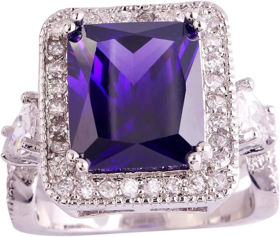 925 Sterling Silver Plated Simulated Amethyst Halo Anniversary Statement Ring