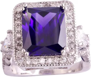 925 Sterling Silver Plated Simulated Amethyst Halo Anniversary Statement Ring