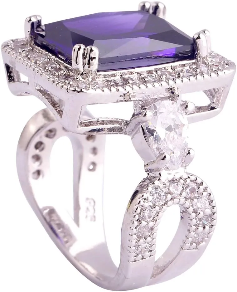 925 Sterling Silver Plated Simulated Amethyst Halo Anniversary Statement Ring