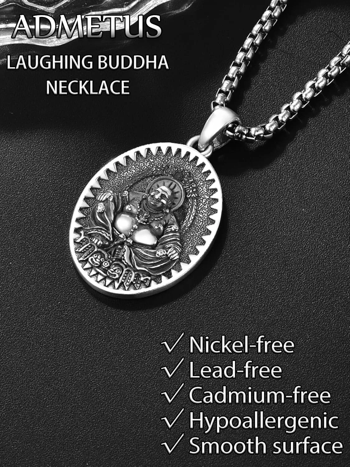 ADMETUS 925 Sterling Silver Zodiac Bodhisattva Amulet Necklace Buddha Talisman Protection Jewelry for Men with 2.5mm 22" 2" Round Box Chain