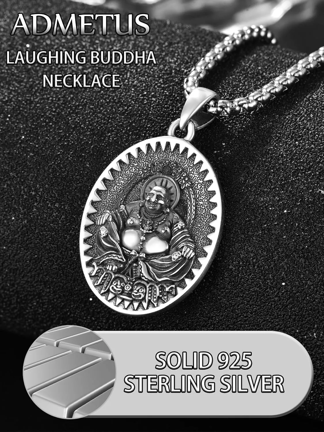 ADMETUS 925 Sterling Silver Zodiac Bodhisattva Amulet Necklace Buddha Talisman Protection Jewelry for Men with 2.5mm 22" 2" Round Box Chain