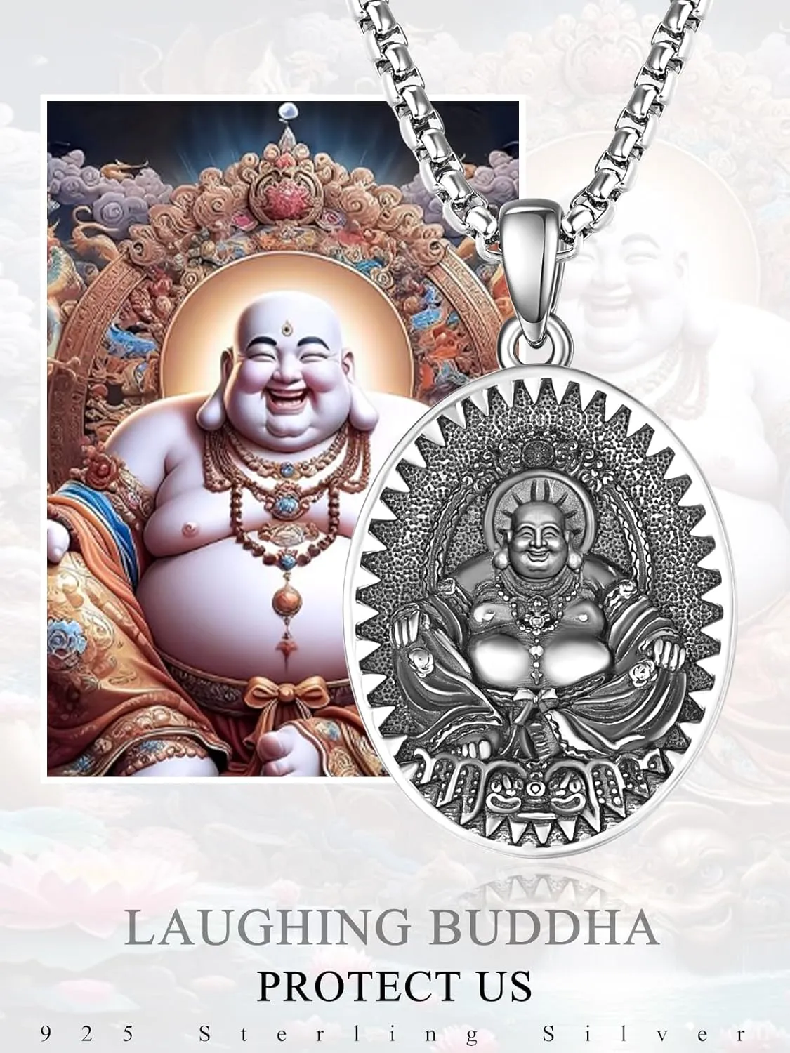ADMETUS 925 Sterling Silver Zodiac Bodhisattva Amulet Necklace Buddha Talisman Protection Jewelry for Men with 2.5mm 22" 2" Round Box Chain