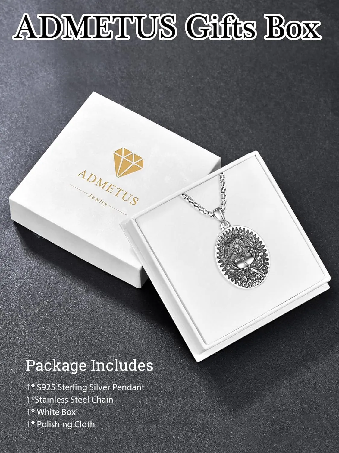 ADMETUS 925 Sterling Silver Zodiac Bodhisattva Amulet Necklace Buddha Talisman Protection Jewelry for Men with 2.5mm 22" 2" Round Box Chain
