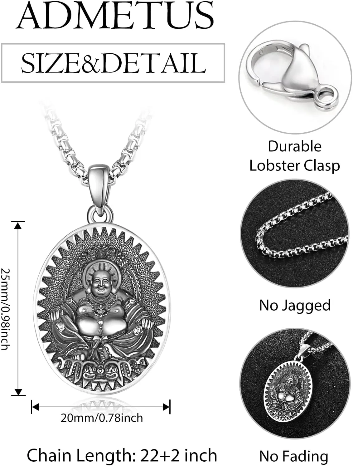 ADMETUS 925 Sterling Silver Zodiac Bodhisattva Amulet Necklace Buddha Talisman Protection Jewelry for Men with 2.5mm 22" 2" Round Box Chain