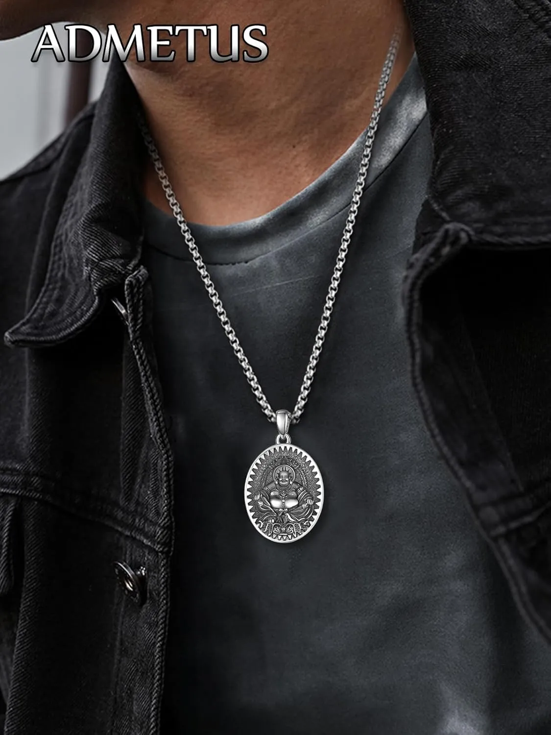 ADMETUS 925 Sterling Silver Zodiac Bodhisattva Amulet Necklace Buddha Talisman Protection Jewelry for Men with 2.5mm 22" 2" Round Box Chain