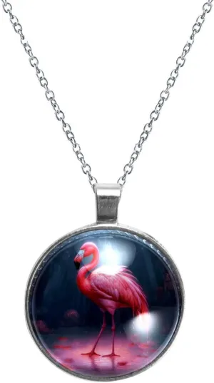 Aesthetic Pink Flamingo Glass Design Circular Pendant Necklace for Women, Stylish Womens Necklaces, Necklaces for Every Occasion