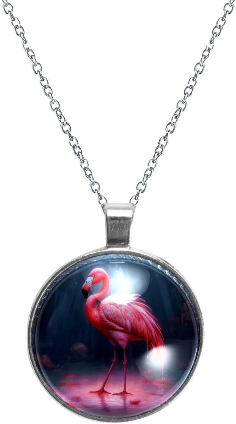 Aesthetic Pink Flamingo Glass Design Circular Pendant Necklace for Women, Stylish Womens Necklaces, Necklaces for Every Occasion
