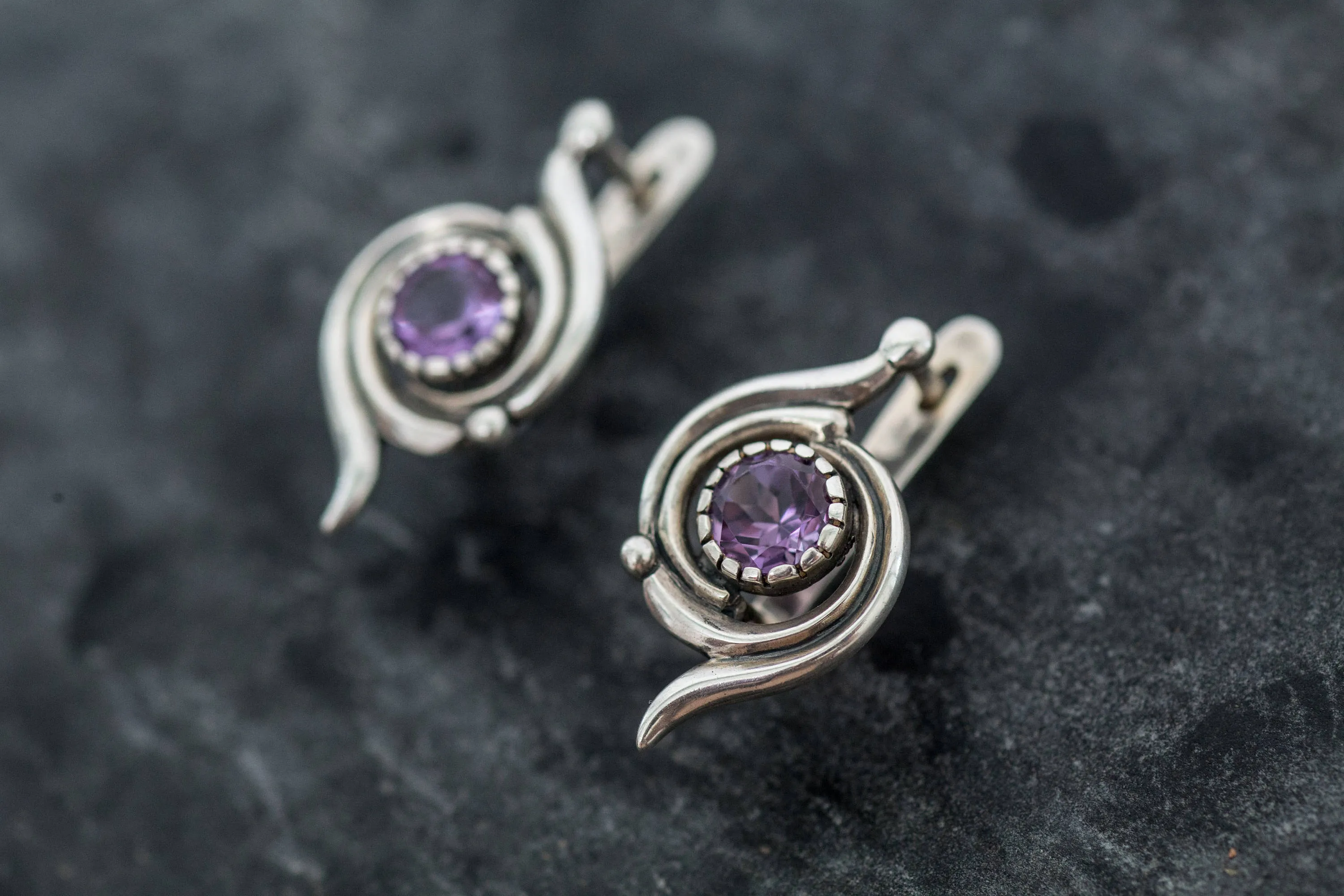 Amethyst Earrings - Purple Swirl Earrings - Spiral Vintage Earrings
