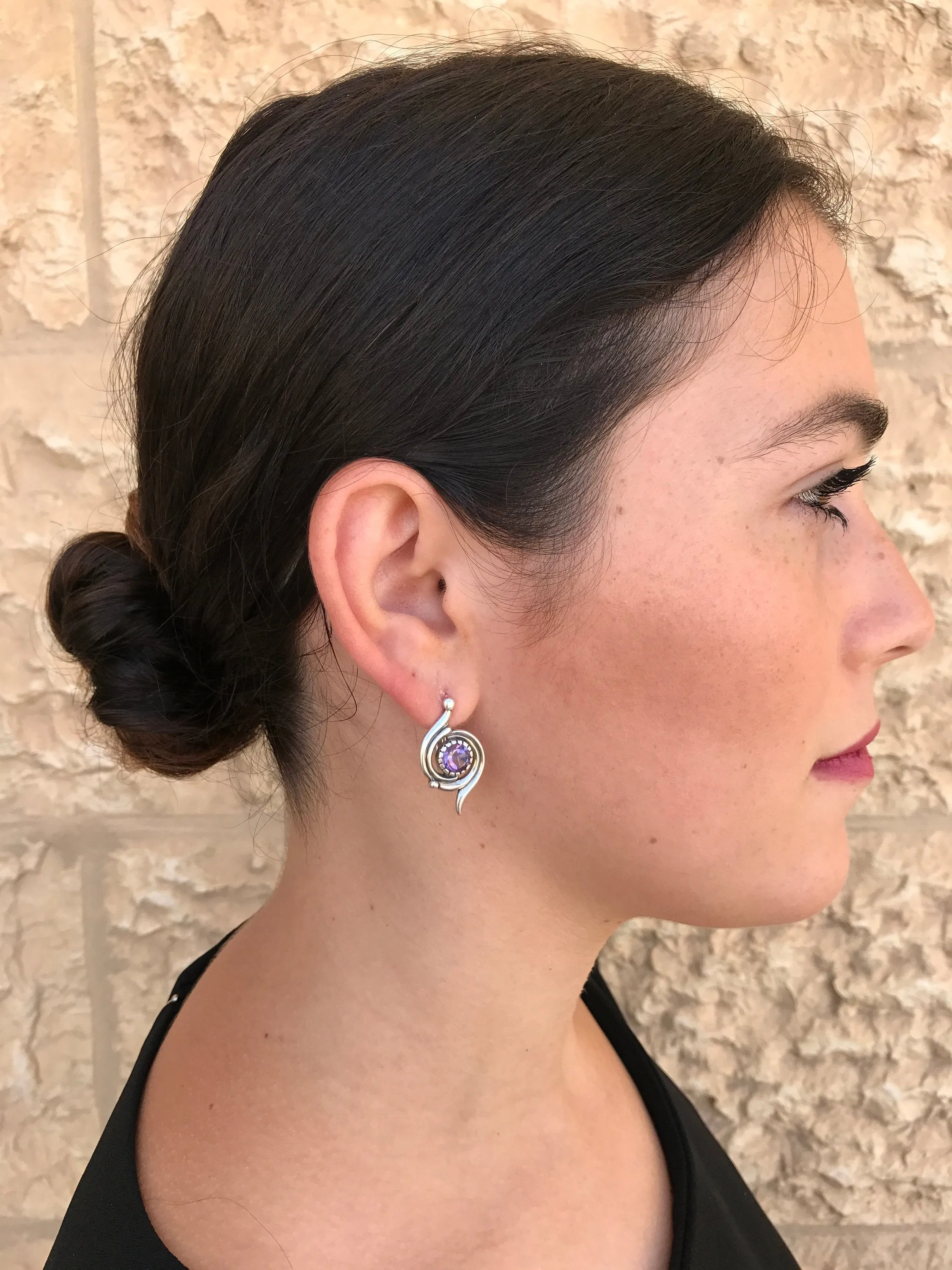 Amethyst Earrings - Purple Swirl Earrings - Spiral Vintage Earrings