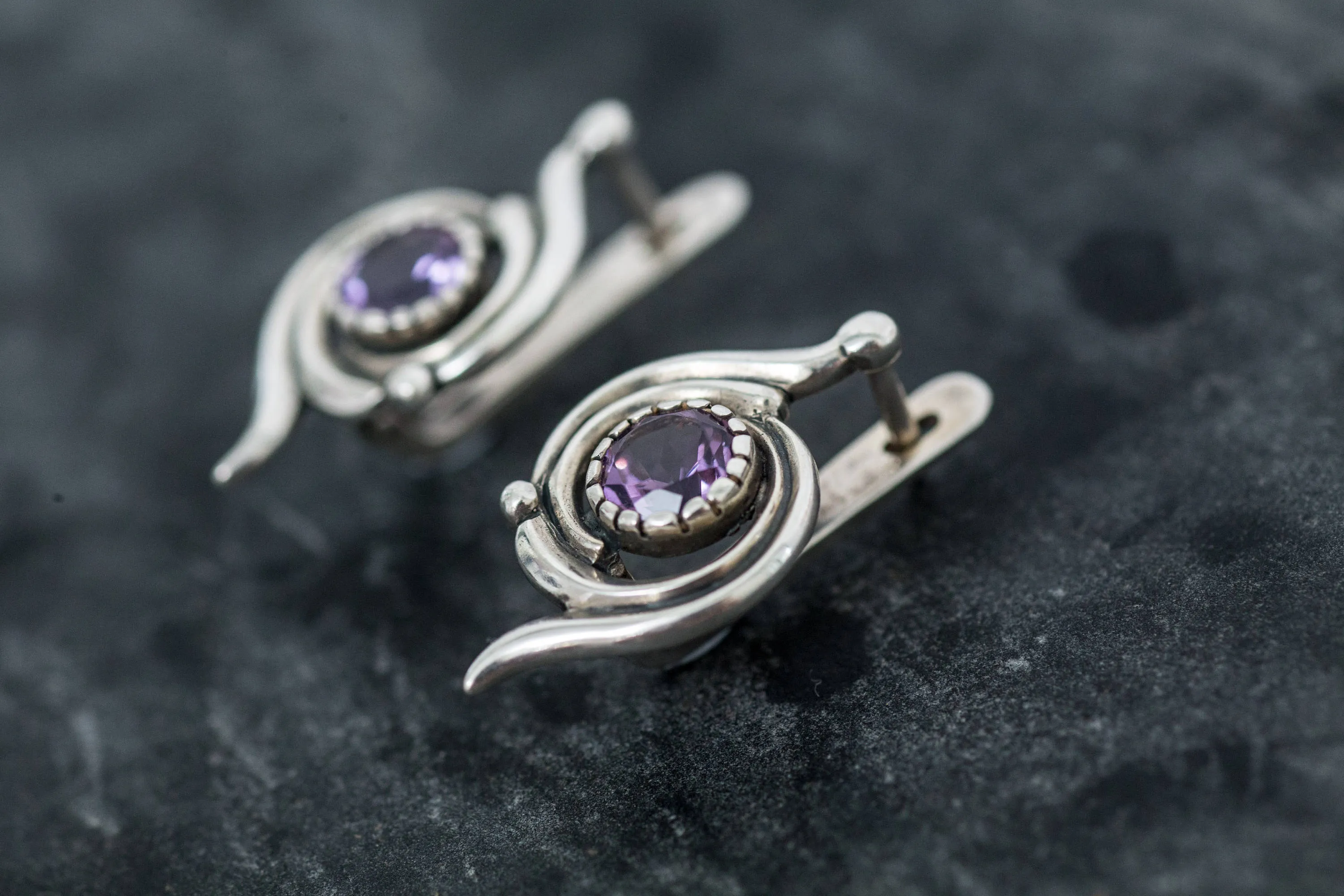 Amethyst Earrings - Purple Swirl Earrings - Spiral Vintage Earrings