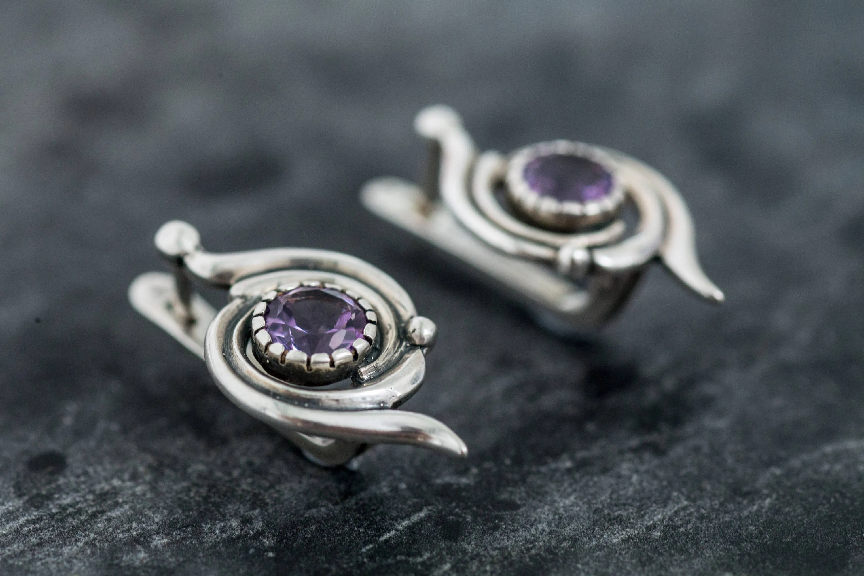 Amethyst Earrings - Purple Swirl Earrings - Spiral Vintage Earrings