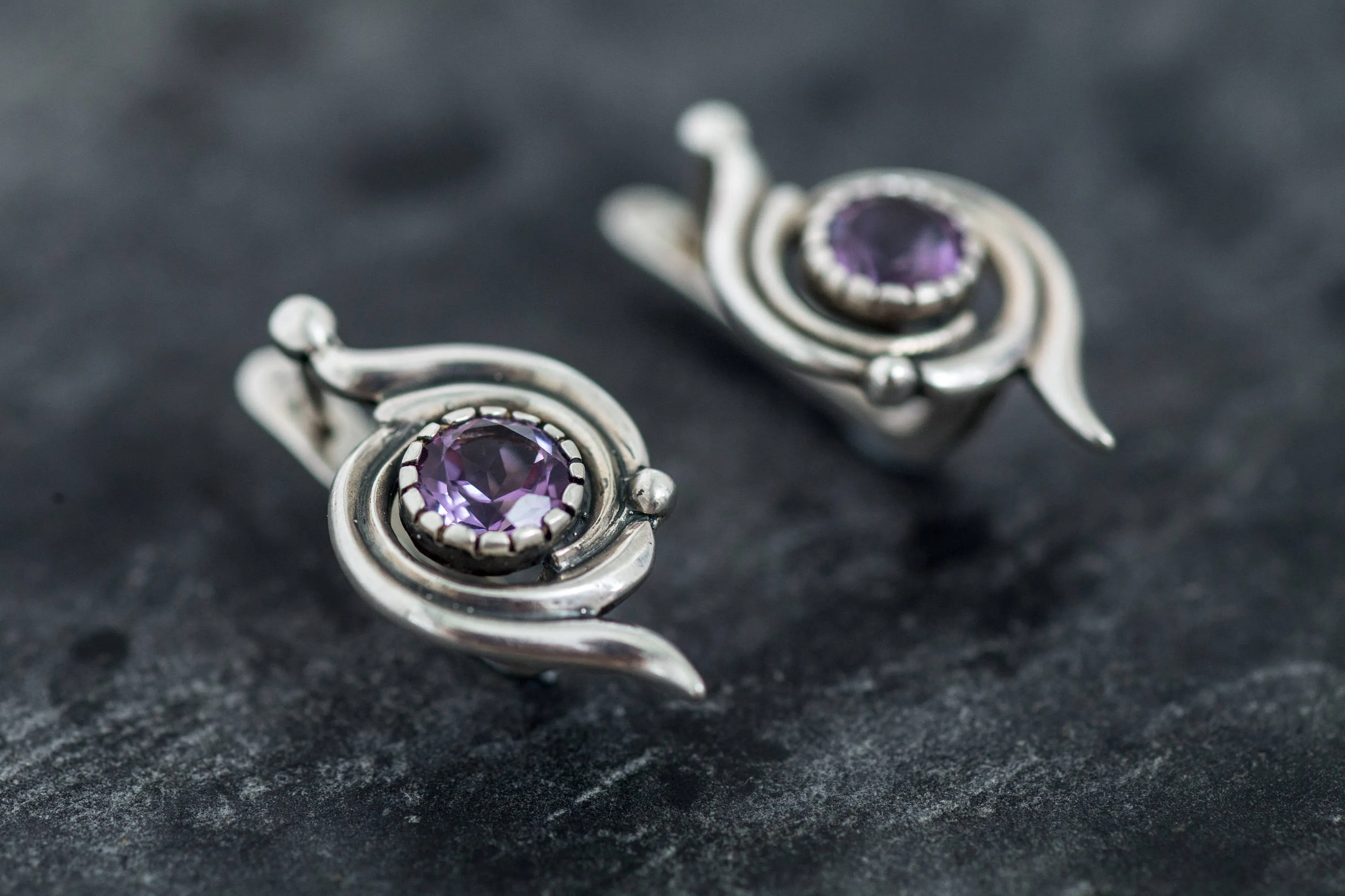 Amethyst Earrings - Purple Swirl Earrings - Spiral Vintage Earrings