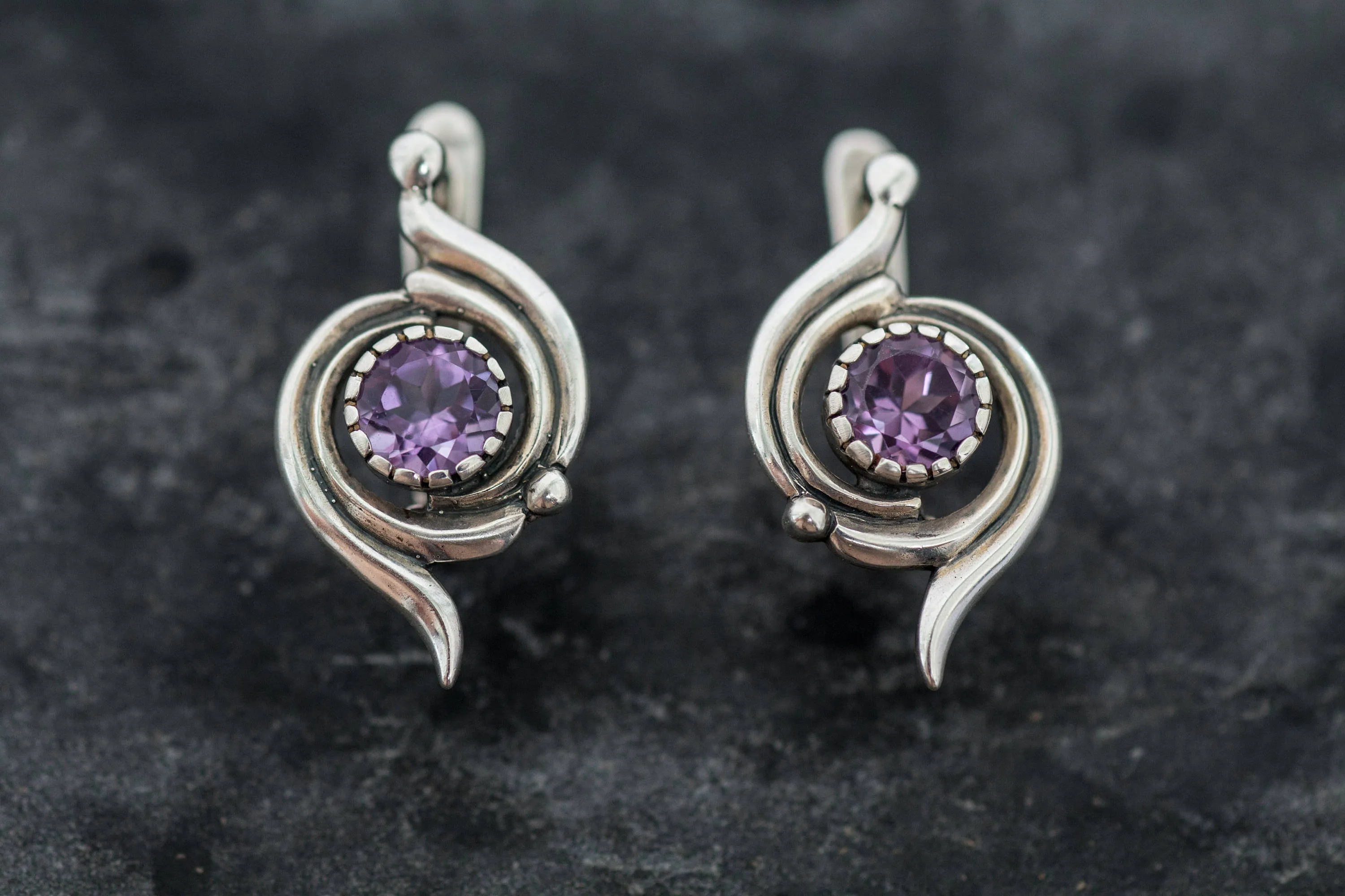Amethyst Earrings - Purple Swirl Earrings - Spiral Vintage Earrings