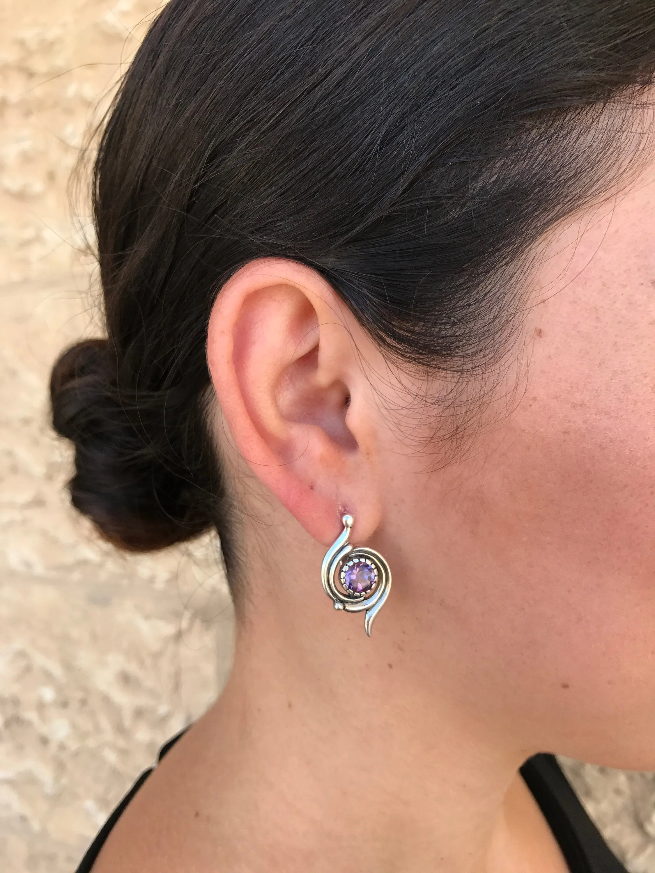 Amethyst Earrings - Purple Swirl Earrings - Spiral Vintage Earrings