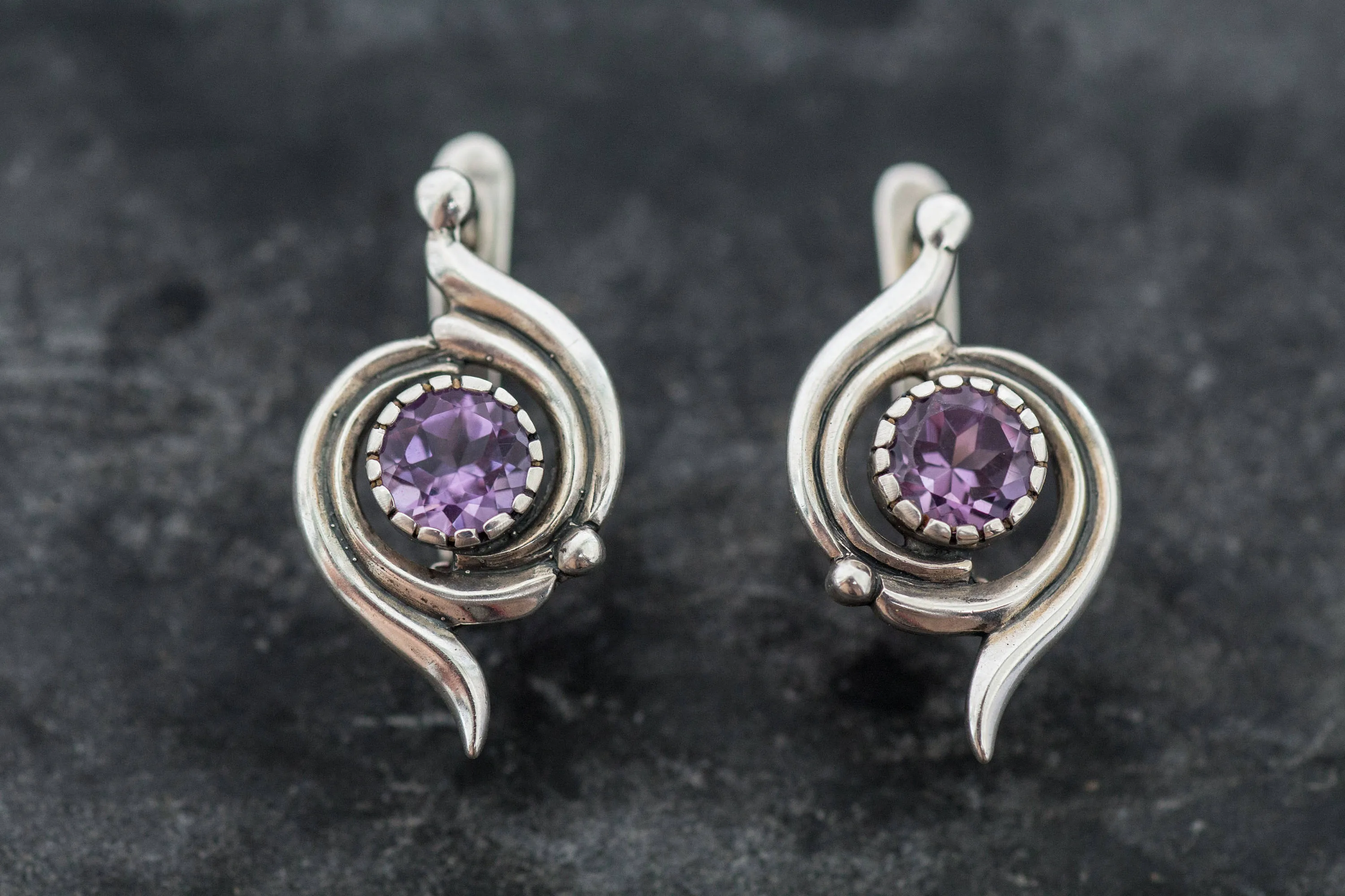 Amethyst Earrings - Purple Swirl Earrings - Spiral Vintage Earrings