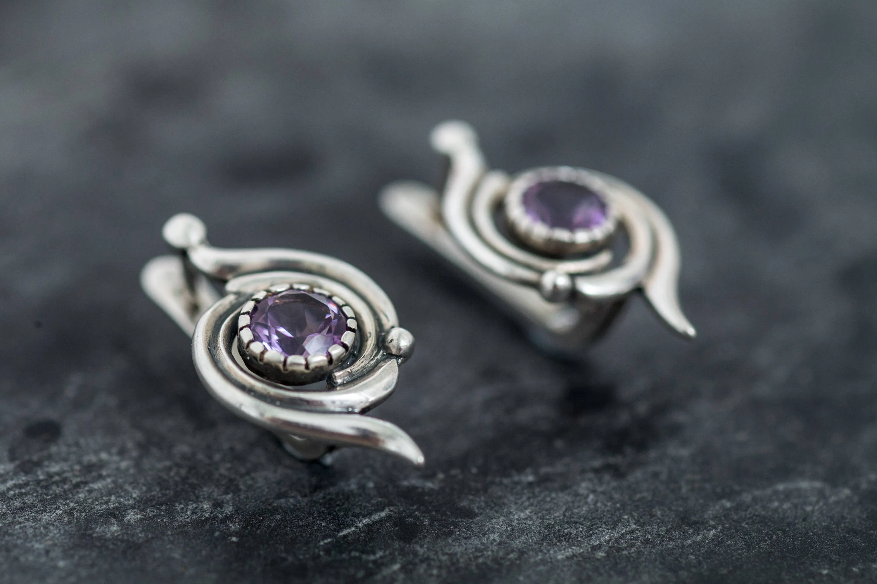 Amethyst Earrings - Purple Swirl Earrings - Spiral Vintage Earrings