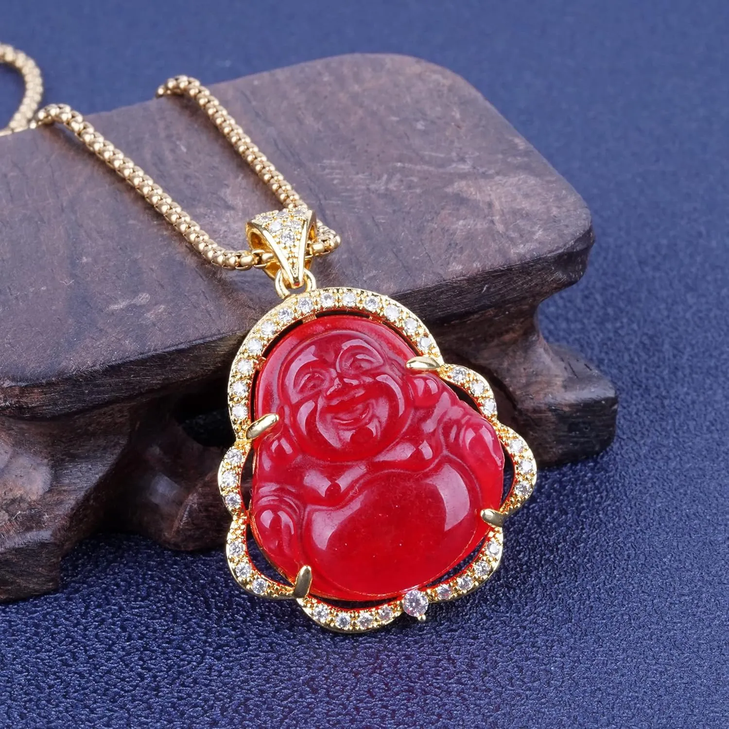 ASGIFT Laughing Buddha Necklace Cubic Zirconia Green Jade Buddha Pendant with 18K Gold Plated Chain Lucky Buddha Necklace Jewelry Gift