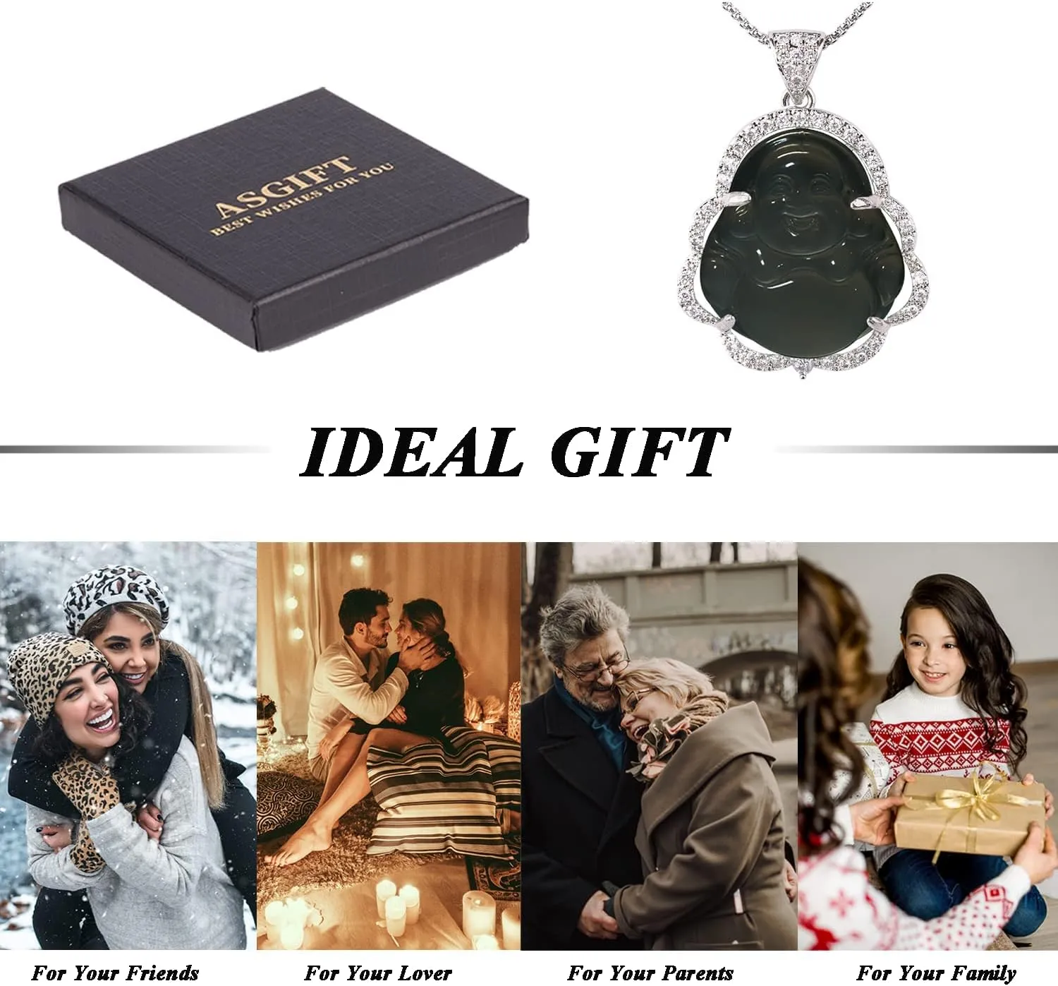ASGIFT Laughing Buddha Necklace Cubic Zirconia Green Jade Buddha Pendant with 18K Gold Plated Chain Lucky Buddha Necklace Jewelry Gift