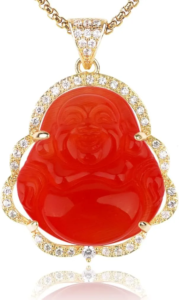 ASGIFT Laughing Buddha Necklace Cubic Zirconia Green Jade Buddha Pendant with 18K Gold Plated Chain Lucky Buddha Necklace Jewelry Gift