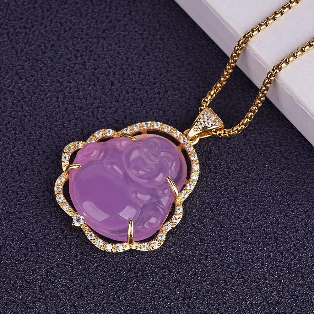 ASGIFT Laughing Buddha Necklace Jade Buddha Pendant with 18k Gold Plated Chain Lucky Buddah Neckless for Women Men