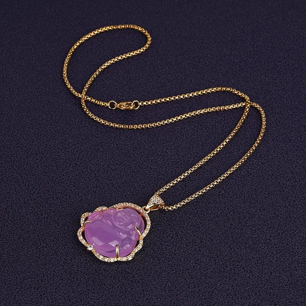 ASGIFT Laughing Buddha Necklace Jade Buddha Pendant with 18k Gold Plated Chain Lucky Buddah Neckless for Women Men