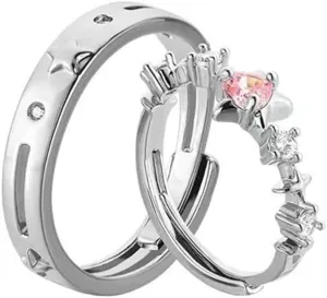 ASHMITA Silver Couple Star Zircon Adjustable Ring Pink Love Crystal Ring Stackable Romantic Fashion Engagement Jewelry for Men Women