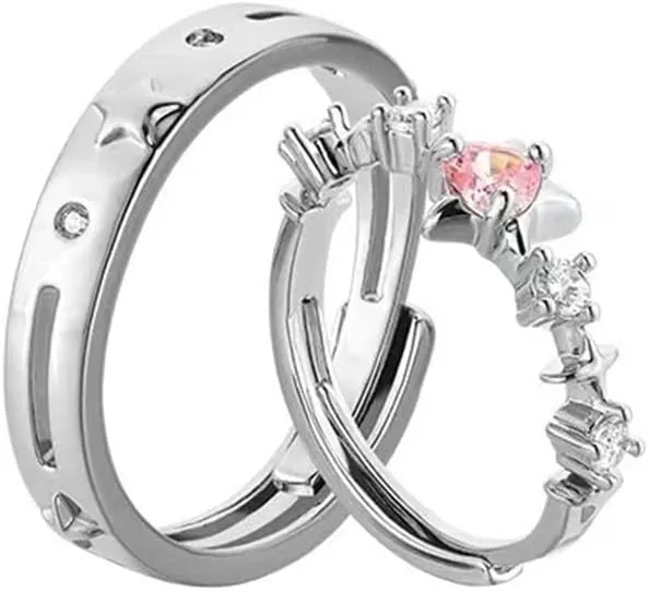 ASHMITA Silver Couple Star Zircon Adjustable Ring Pink Love Crystal Ring Stackable Romantic Fashion Engagement Jewelry for Men Women