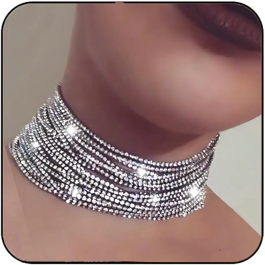 Aukmla Rhinestone Choker Necklace Silver Diamond Necklaces Chain for Women