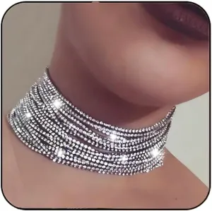 Aukmla Rhinestone Choker Necklace Silver Diamond Necklaces Chain for Women