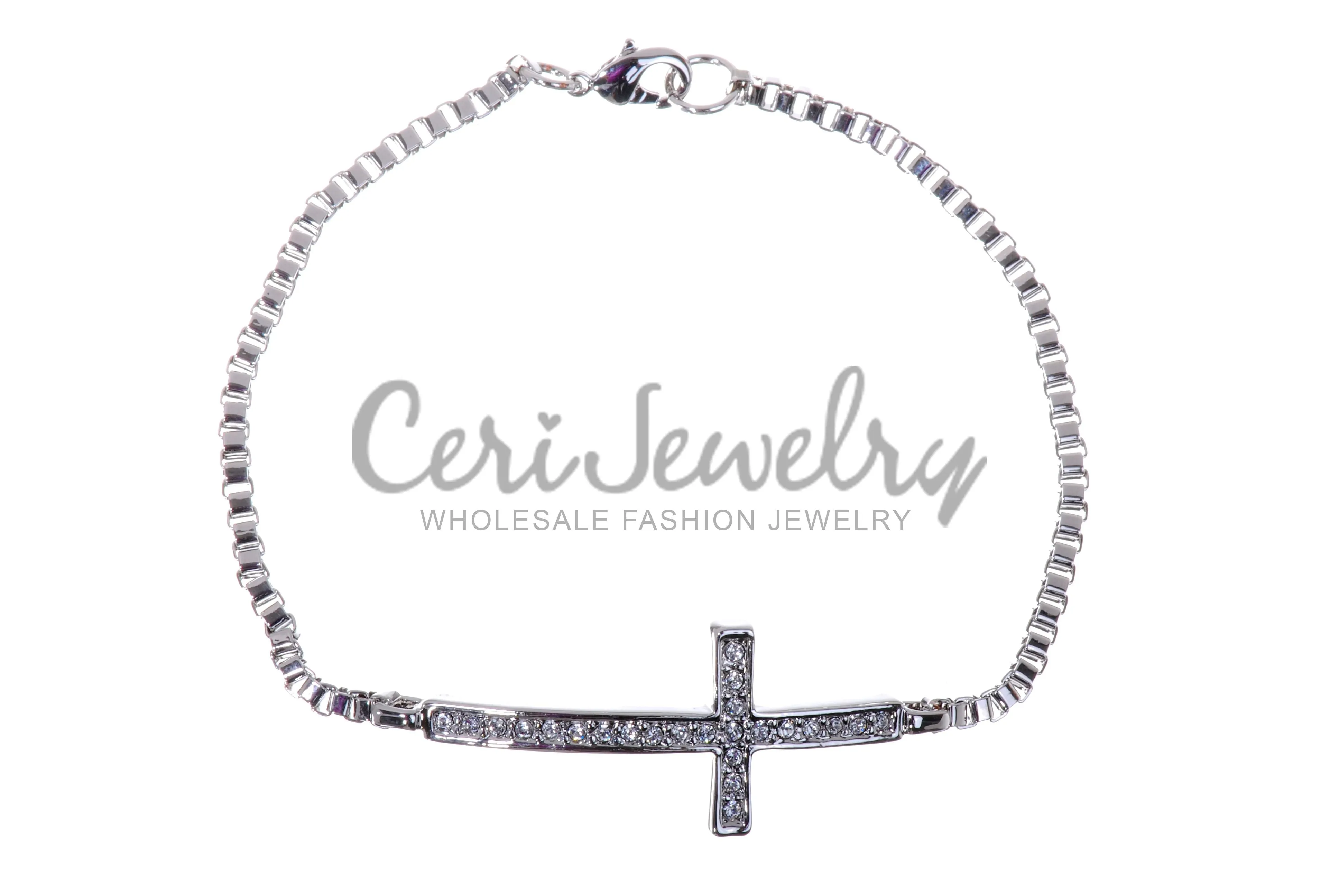 B7113 Rhodium Plated Sideways Cross Bracelet
