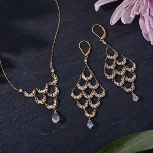 Beaded Crescent Necklace 4205 and Beaded Crescent Earrings 4210 with Freshwater Pearls, White Sapphires, and Moonstone Drop by Michelle Pressler Jewelry