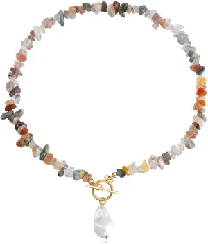Beaded Crystal Necklaces for Women Multicolor Irregular Natural Stones Necklace Pearl Crystal Choker for Women Broken Stones Necklaces for Beach Healing Jewelry Birthday Gifts for Her