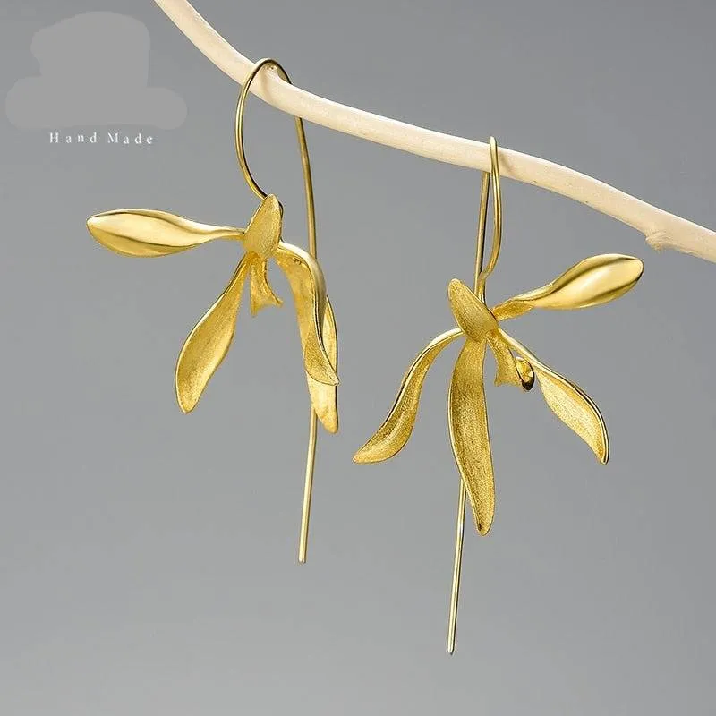 Beautiful Big Orchid Gold Flower Earrings