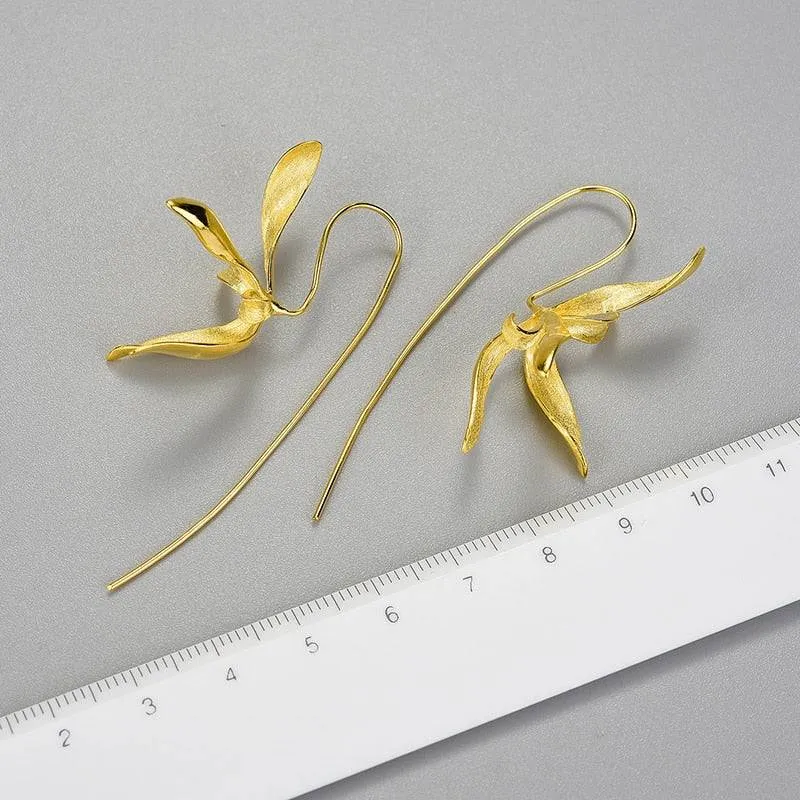 Beautiful Big Orchid Gold Flower Earrings
