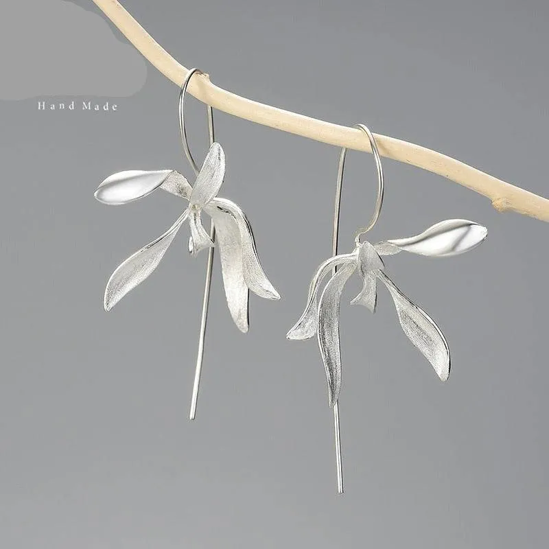 Beautiful Big Orchid Gold Flower Earrings