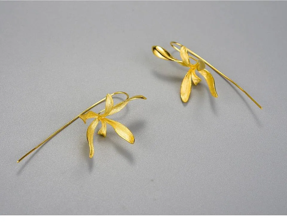 Beautiful Big Orchid Gold Flower Earrings