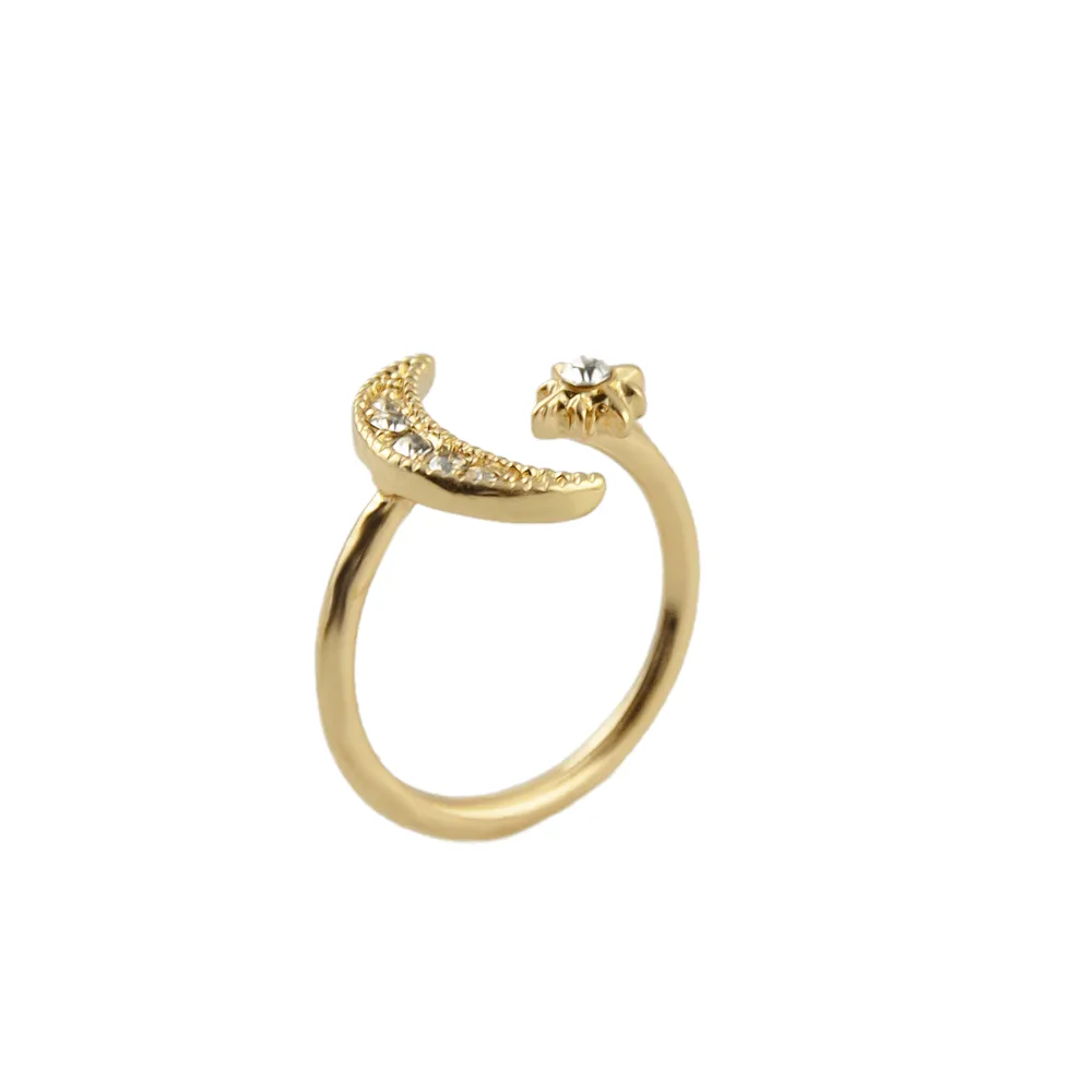 Beautiful Moon and Star Gold-Color Alloy White Rhinestone Rings
