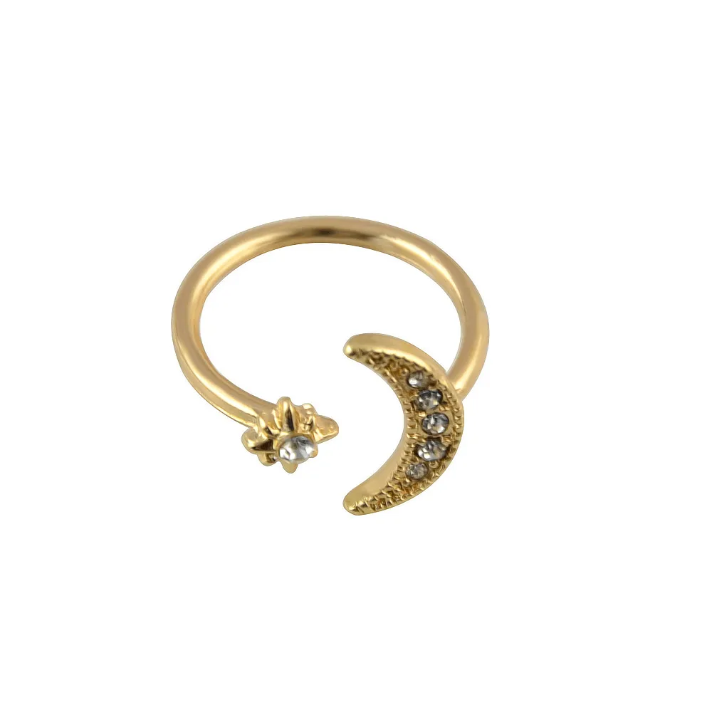 Beautiful Moon and Star Gold-Color Alloy White Rhinestone Rings