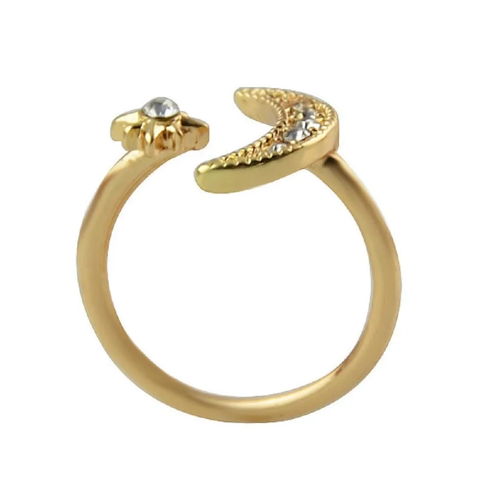 Beautiful Moon and Star Gold-Color Alloy White Rhinestone Rings