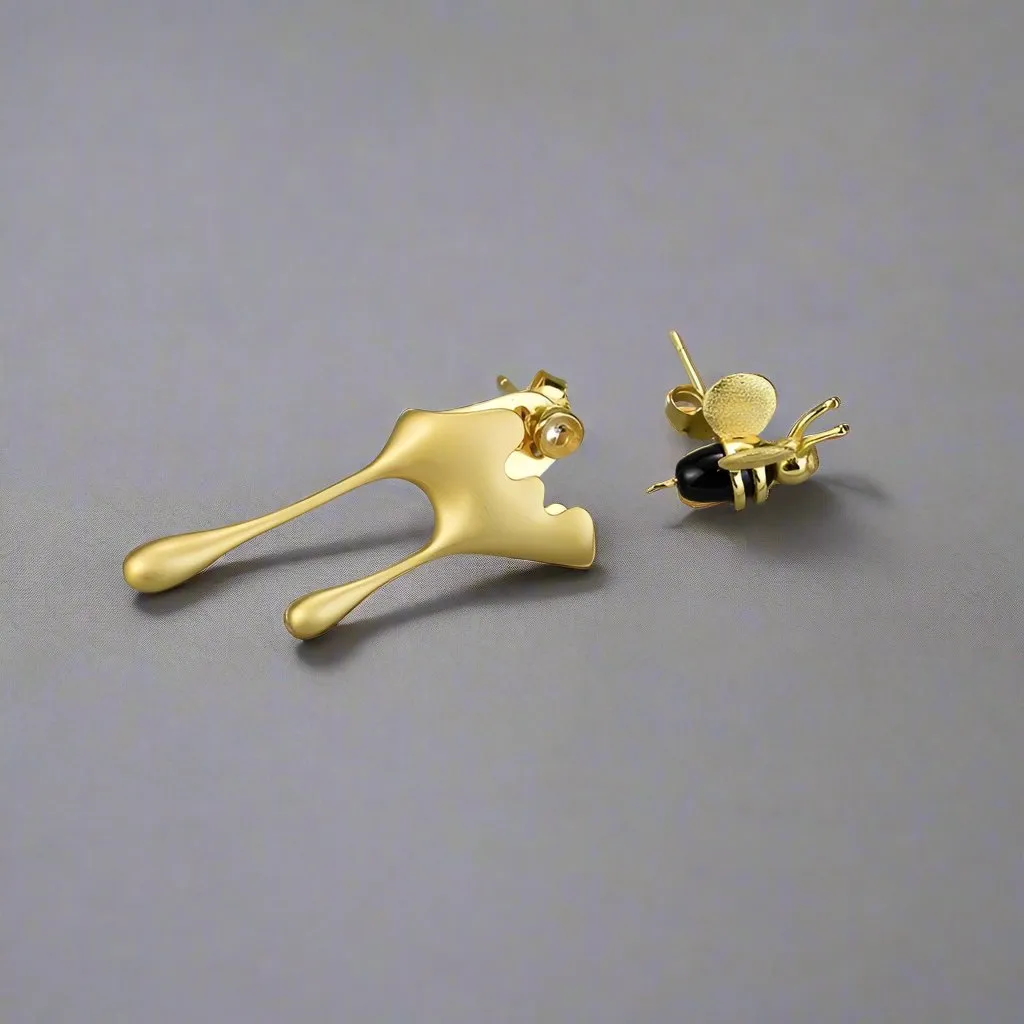 Bee & Dripping Honey Asymmetric Stud Earrings