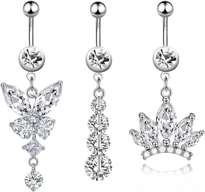 Belly Button Ring Piercing Dangle Navel Belly Piercing Jewelry CZ Crown Butterfly Navel Belly Rings for Women Silver Stainless Steel Dainty Dangly Dangling Belly Button