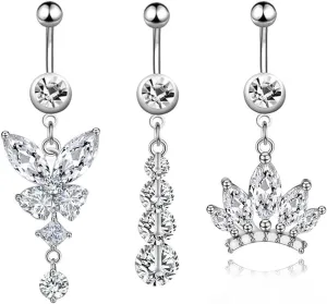 Belly Button Ring Piercing Dangle Navel Belly Piercing Jewelry CZ Crown Butterfly Navel Belly Rings for Women Silver Stainless Steel Dainty Dangly Dangling Belly Button