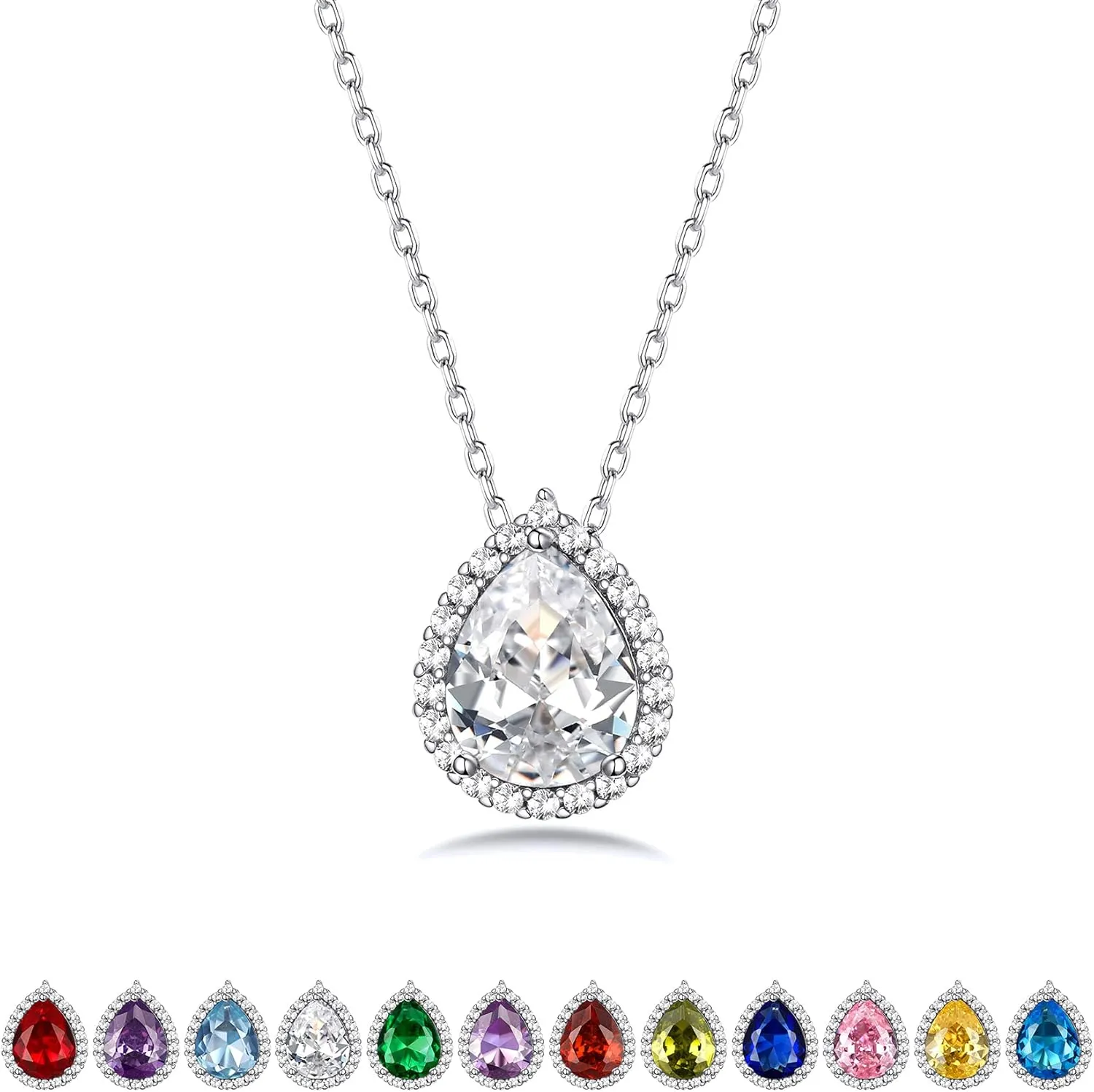 Bestyle Sparkling 925 Sterling Silver Birthstone Necklaces for Women, Created Heart/Round/Teardrop/Square Crystal Solitaire Pendant Diamond Necklace, Great Birthday/Anniversary/Wedding Gifts
