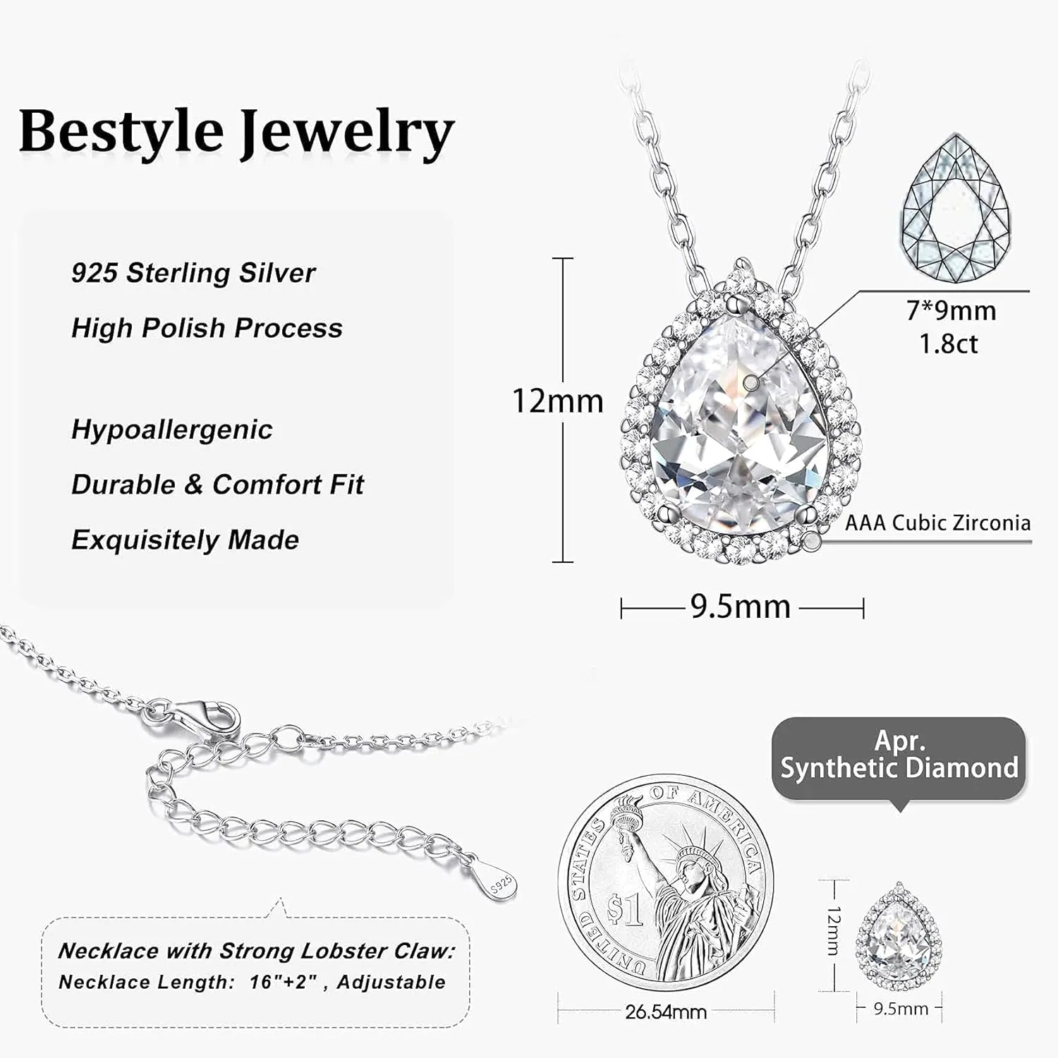 Bestyle Sparkling 925 Sterling Silver Birthstone Necklaces for Women, Created Heart/Round/Teardrop/Square Crystal Solitaire Pendant Diamond Necklace, Great Birthday/Anniversary/Wedding Gifts