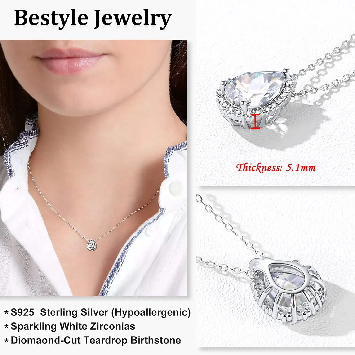 Bestyle Sparkling 925 Sterling Silver Birthstone Necklaces for Women, Created Heart/Round/Teardrop/Square Crystal Solitaire Pendant Diamond Necklace, Great Birthday/Anniversary/Wedding Gifts