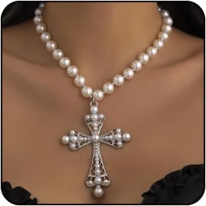 Big Cross Necklace for Women Gothic Cross Necklace Chunky Pearl Cross Necklace for Women Large Cross Pendant Vintage Jewelry for Women