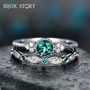 BIJOX STORY Trendy Silver 925 Jewelry Ring with Emerald Sapphire